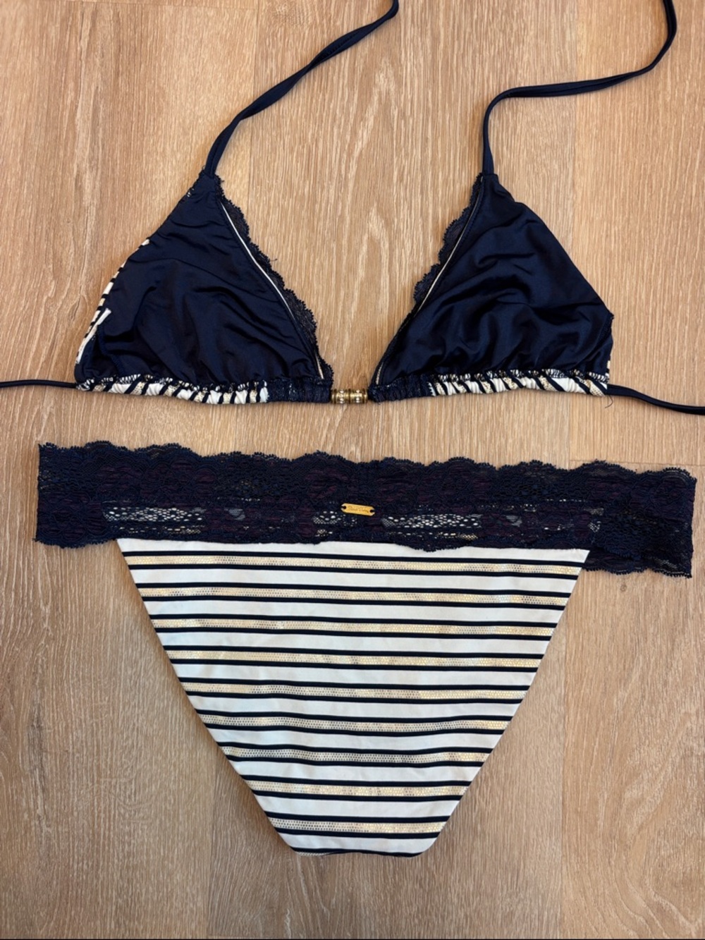 BEACH BUNNY Y2K FIRST MATE 2 PIECE BIKINI SET STRIPES LACE NAVY BLUE MEDIUM LRG - Picture 5 of 6